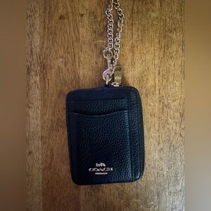 Coach Black Pebbled Leather Zip Card Holder with Chain